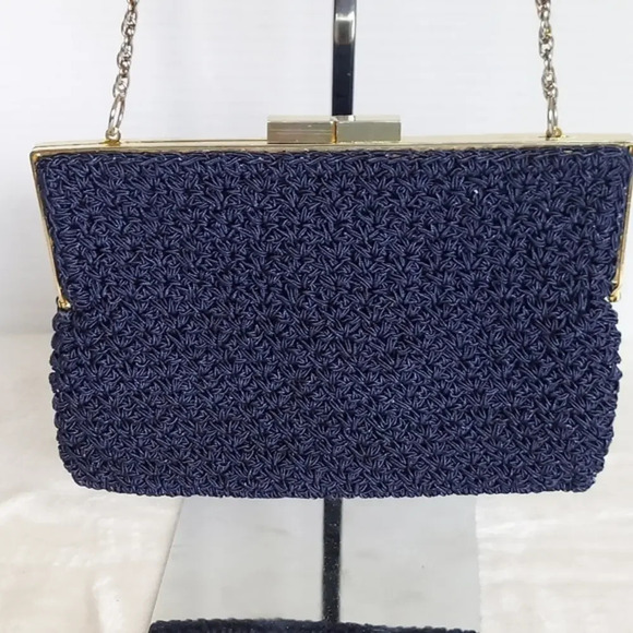 Vintage Jacobson's‎ Navy Blue Macrame Bag Chain Shoulder Bag Kiss Lock Closure - Picture 1 of 13